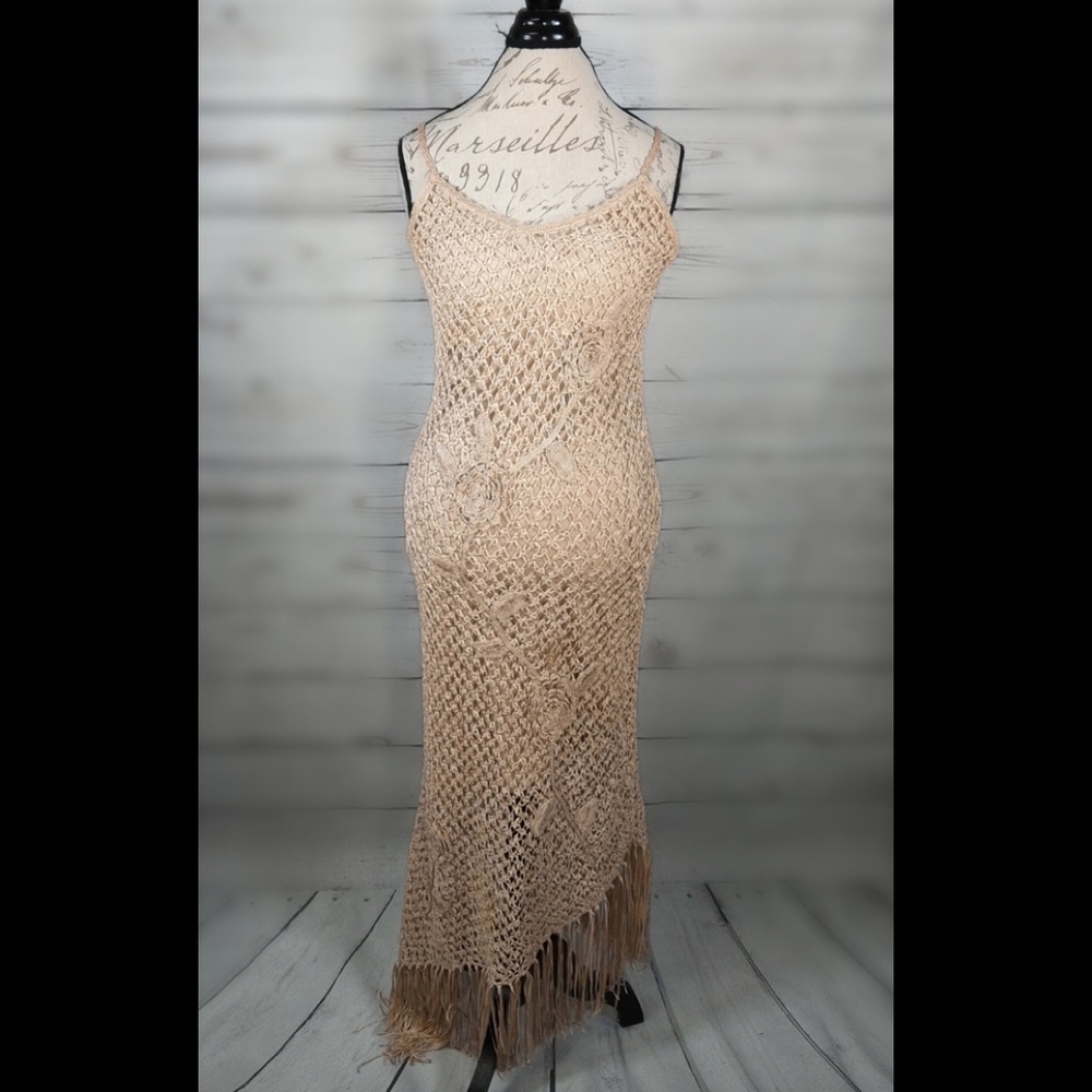 Sue Wong Beige Crochet Asymmetrical Fringe Maxi Dress